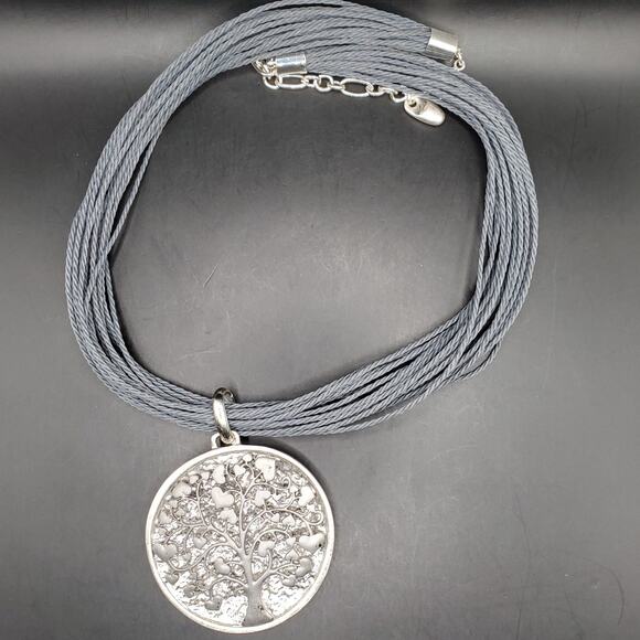 Tree of Life Pendant Necklace Silver Tone Multi-Strand Cord Adjustable Choker - Picture 4 of 9